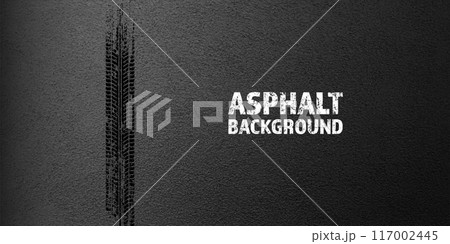 Black grunge tire tracks, wheel braking marks. Truck, car or motorcycle tread pattern silhouettes. Auto race, motorsport, speed racing design element. Asphalt texture. Vector illustration 117002445