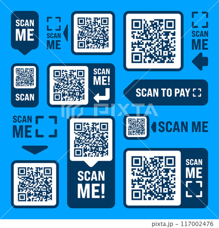 Scan me QR code sticker with text. Online payment. Special offer sale stickers, shopping discount label, promotional badge. Product serial number. Supermarket retail price tag. Vector illustration Scan me QR code sticker with text. Online payment. Special offer sale stickers, shopping discount label, promotional badge. Product serial number. Supermarket retail price tag. Vector illustration 117002476