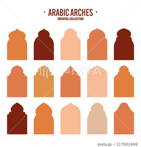 Islamic frames, oriental style objects. Arabic shapes, windows and arches. Traditional ornamental banner, frame. Muslim holidays, Ramadan Kareem. Modern eastern architecture. Vector illustration 117002498