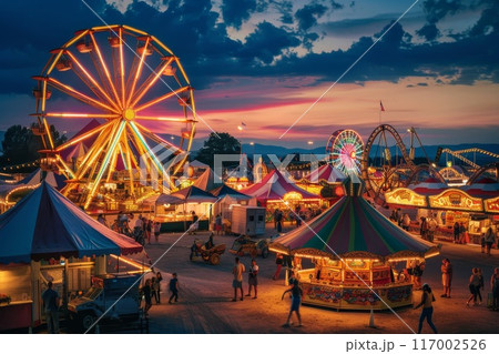 Lunapark with carousel. Evening night park festival. Funfair recreation. Abstract neon fairground. Fair carnival and attraction 117002526