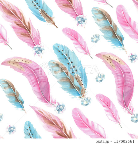 Watercolor Seamless Pattern with pink and blue Feathers and Jewelry Crystals or Beads on a white background. Hand drawn watercolor illustration. Can be used for fabric, textile and packaging prints. 117002561