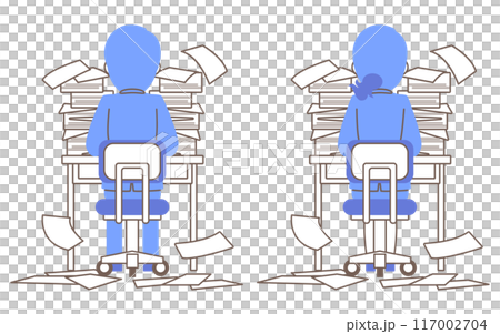 Back view of a male and female employee sitting in front of a large amount of documents 117002704