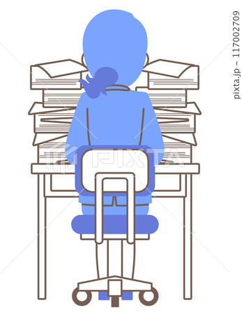 大量の書類を前に座る女性社員の後ろ姿 大量の書類を前に座る女性社員の後ろ姿 117002709