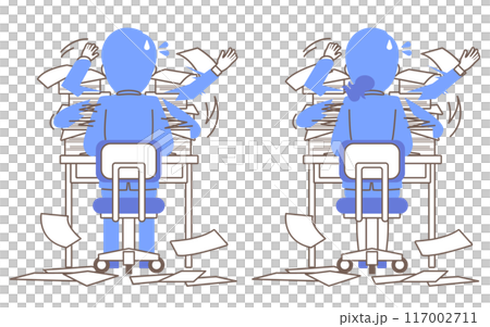 The back view of a male and female employee who look busy sitting in front of a large amount of documents 117002711