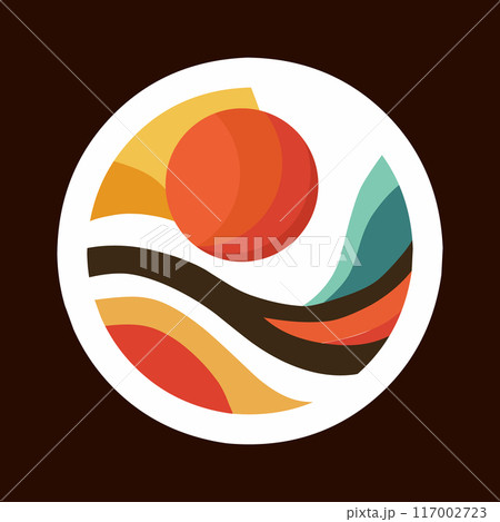 Abstraction in a circle with sun and stylised nature. For logo, for printing. Vector 117002723