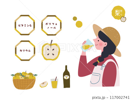 梨ジュースを飲む女性と栄養素のイラストセット 117002741