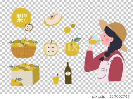 梨ジュースを飲む女性と梨のイラストセット 117002742