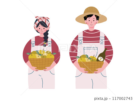 なしが入ったバスケットを抱える若い男女のイラスト なしが入ったバスケットを抱える若い男女のイラスト 117002743