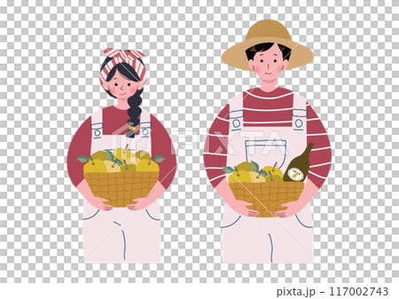 なしが入ったバスケットを抱える若い男女のイラスト なしが入ったバスケットを抱える若い男女のイラスト 117002743