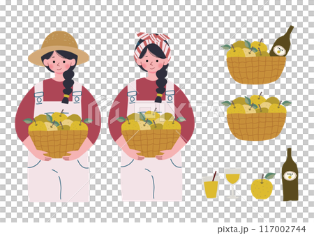 梨が入ったバスケットを抱える女性のイラスト 117002744