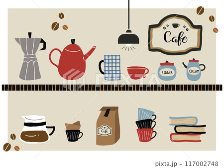 手描きの可愛いカフェのイラストセット 117002748