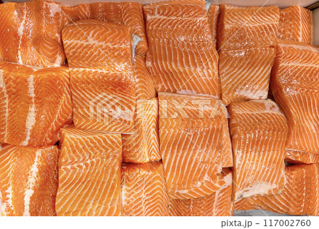 Top view of fresh raw salmon fillet displayed in wet market Top view of fresh raw salmon fillet displayed in wet market 117002760