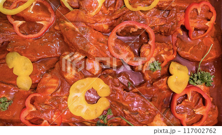 Top view of marinated lamb meat. Indian food concept Top view of marinated lamb meat. Indian food concept 117002762