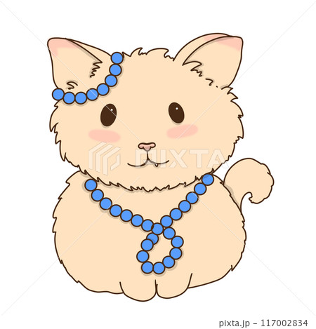 Beige cat with blue beads children's illustration Beige cat with blue beads children's illustration 117002834