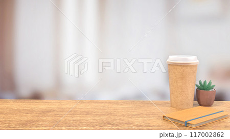 The coffee cap on wood table for Background concept 3d rendering. 117002862