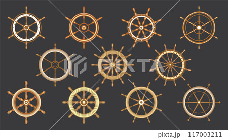 Wooden vintage steering wheels. Ship, sailboat or yacht retro wheel symbol. Brown nautical rudder icon. Marine logotype design element. Vector illustration Wooden vintage steering wheels. Ship, sailboat or yacht retro wheel symbol. Brown nautical rudder icon. Marine logotype design element. Vector illustration 117003211