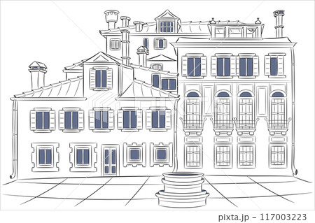 Vector drawing of old houses on a small square with a well in Venice. Vector drawing of old houses on a small square with a well in Venice. 117003223
