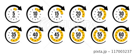 Stopwatch icons with pointer arrow. Colorful chronometer, time counter with dial. Countdown time, hours and minutes. Deadline, sport measurement. Cooking time label, sticker. Vector illustration 117003237