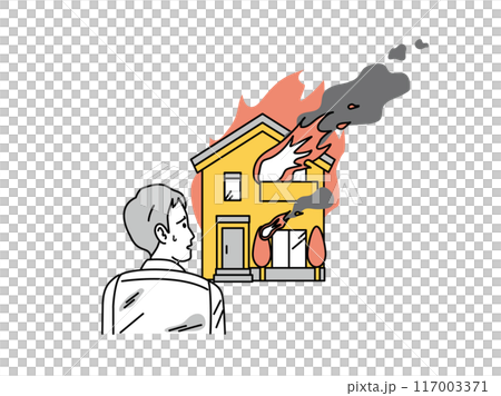 Illustration of a man stunned after his house burns down in a fire 117003371