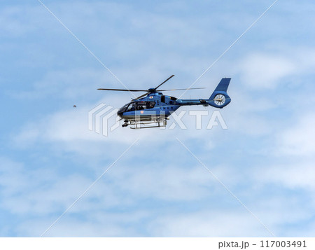 真夏の空を飛ぶ大阪府警察航空隊のヘリコプター 117003491