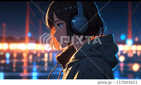 女の子　夜景　イラスト 117003621