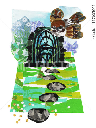 手書きのコラージュで制作したスズメが飛ぶ風景イラスト 117005001