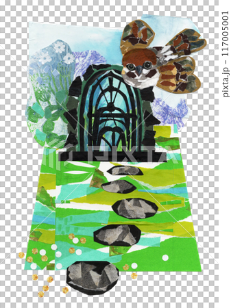 用手繪拼貼創作的飛行麻雀的風景插圖 117005001