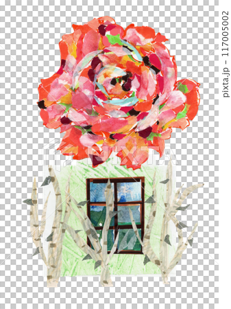 用手繪拼貼畫創作的盛開玫瑰的美麗風景插圖 117005002