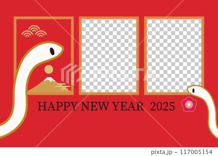 2025 New Year's card template with illustrations of snakes and Mt. Fuji Photo frame included Horizontal 117005154