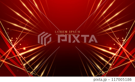 Red luxury background with golden line, shiny dots, glitter light and beam effects. Elegant style vector design 117005186