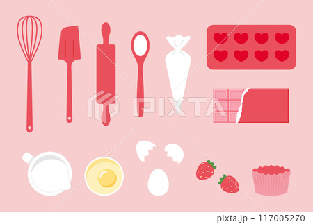 バレンタインデーのチョコレートや苺のお菓子作りのイラストセット バレンタインデーのチョコレートや苺のお菓子作りのイラストセット 117005270