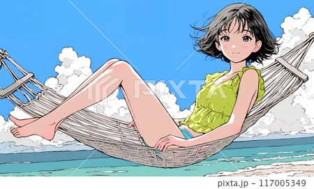 コピースペースを考えた青い空と青い海とハンモックと若い女性のイラスト