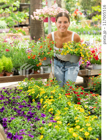 Girl admiring blooming potted calibrachoa in garden store Girl admiring blooming potted calibrachoa in garden store 117005516