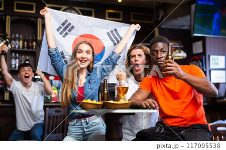 Group of happy friends with flag of South Korea celebrating victory of their favorite team in beer bar 117005538