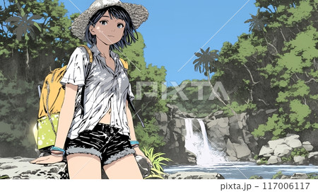 山原を一人で散策している若い女性