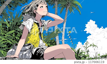 山原を一人で散策している若い女性