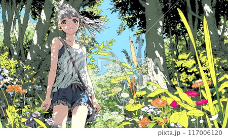 山原を一人で散策している若い女性