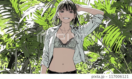 山原の森ではだをはだけている若い女性