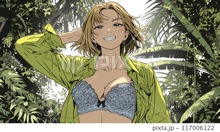 山原の森ではだをはだけている若い女性