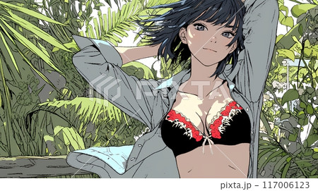 山原の森のホテルのベランダにいる下着姿の若い女性