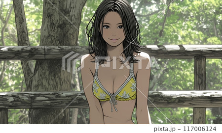 山原の森のホテルのベランダにいる下着姿の若い女性