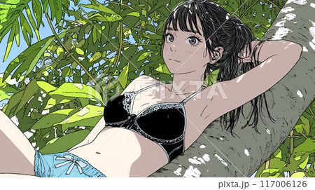 山原の木陰で下着姿で涼んでいる若い女性