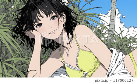 山原の木陰で下着姿で涼んでいる若い女性