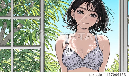トロピカルな窓辺に立つ下着姿の若い女性