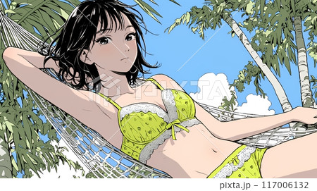 沖縄の青空の下、下着姿でハンモックで休んでいる若い女性 117006132