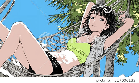 沖縄の青空の下、下着姿でハンモックで休んでいる若い女性