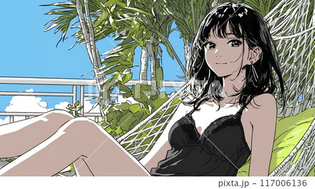 沖縄の青空の下、下着姿でハンモックで休んでいる若い女性