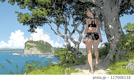 沖縄の海岸に続く山道をビキニ姿で一人で歩く若い女性