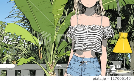セクシーな服装の若い女性と南国の植物とホテルのベランダ
