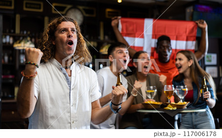 Excited multiracial sport fans with flag of Switzerland with pint of beer and chips in the pub 117006178